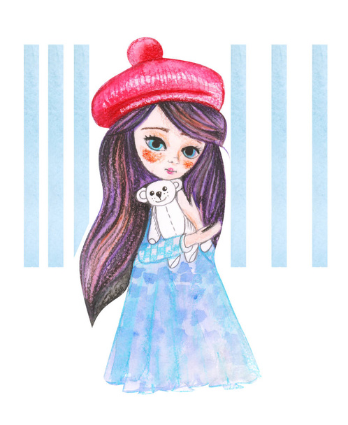 Illusztráció akvarell rajz kis hercegnő kék ruhában és piros sapka egy elszigetelt fehér háttér - Fotó, kép