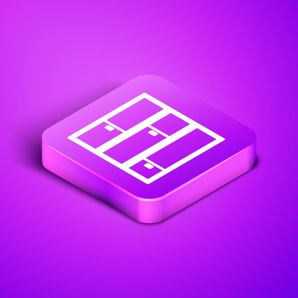 Icono de estante de línea isométrica aislado sobre fondo púrpura. Signo de estantes. Botón cuadrado púrpura. Ilustración vectorial
 - Vector, Imagen