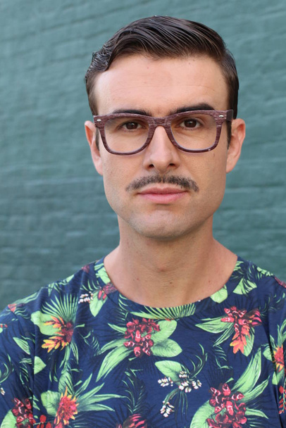 Portrait of a trendy man with glasses and mustache - Fotoğraf, Görsel