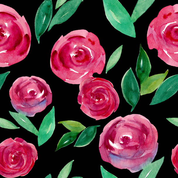 Watercolor floral seamless pattern. Red and pink watercolor roses - flowers, twigs, leaves, buds. Hand painted vintage floral texture on black background. Abstract round rosebuds in wet technique. - Foto, immagini