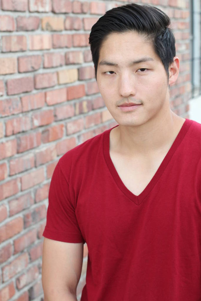 primer plano retrato de guapo joven asiático hombre en casual ropa en frente de ladrillo pared
 - Foto, Imagen