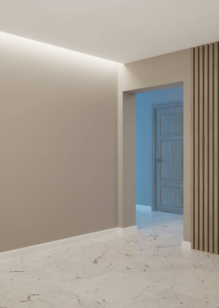 Pasillo Interior moderno de una habitación vacía utilizando bloques de madera. Buenas noches. Iluminación nocturna. Renderizado 3D
. - Foto, imagen