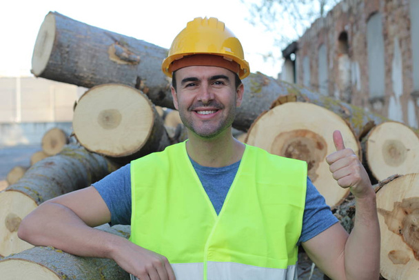 Lumberjack orgulloso después de cortar un montón de árboles
 - Foto, imagen