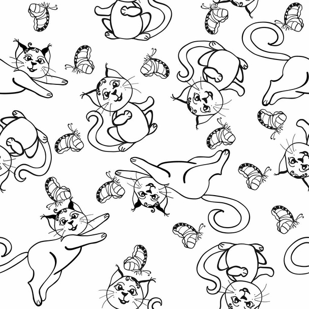 Seamless pattern with cute cat and butterfly. - Vector, Imagen