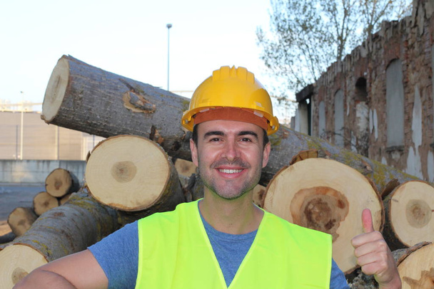 Lumberjack trots na het hakken van een bos bomen - Foto, afbeelding