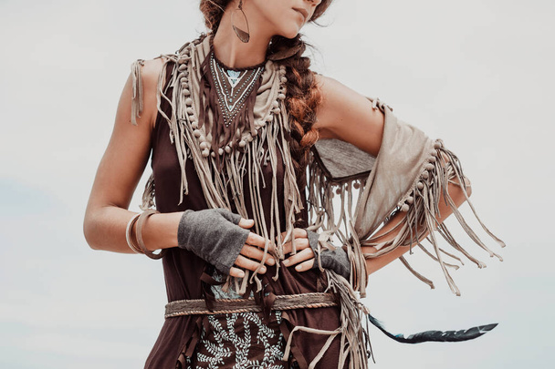 close up of boho woman with jewelry, shawl and gloves - Foto, Imagem