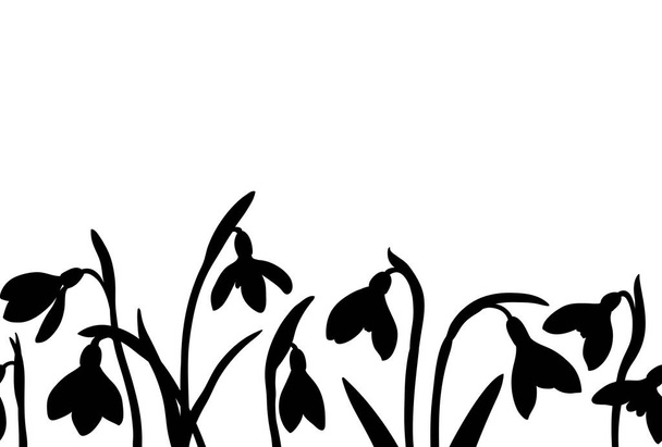 Vector seamless border with silhoette of snowdrops on white background. - Vector, Image
