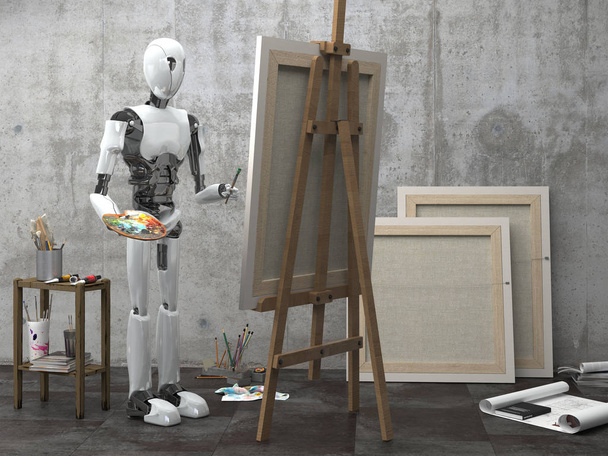 İnsansı robot bir sanatçı bir sanat atölyesinde resim yapıyor. Akıllı robotik ve yapay zekanın gelecekteki konsepti. 3d oluşturma - Fotoğraf, Görsel
