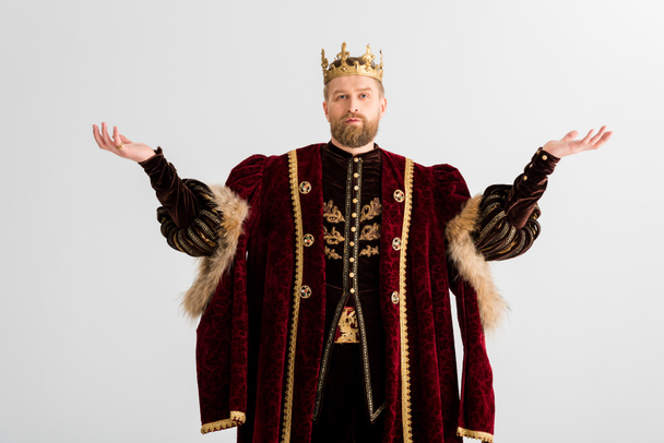king with crown showing outstretched hands isolated on grey - Fotoğraf, Görsel