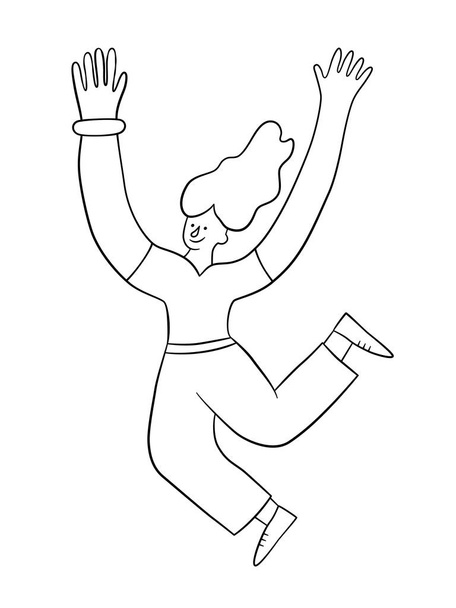 Vrolijk positief meisje springen in de lucht met opgeheven handen. Trendy vrouw. Vector illustratie in doodle stijl op witte achtergrond - Vector, afbeelding