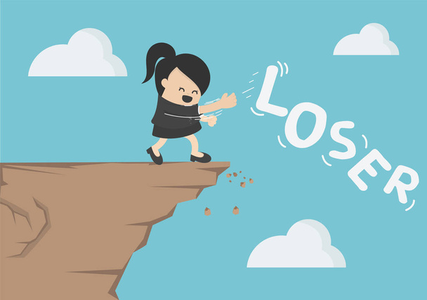 business woman dumps  message loser down the cliff - Vector, Image