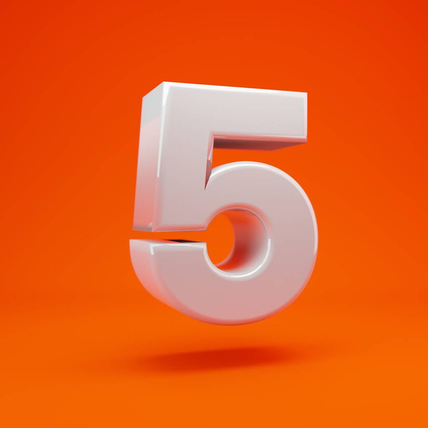 Белый глянцевый 3d номер 5 на горячем оранжевом фоне. Лучшее для юбилея, дня рождения, празднования
. - Фото, изображение