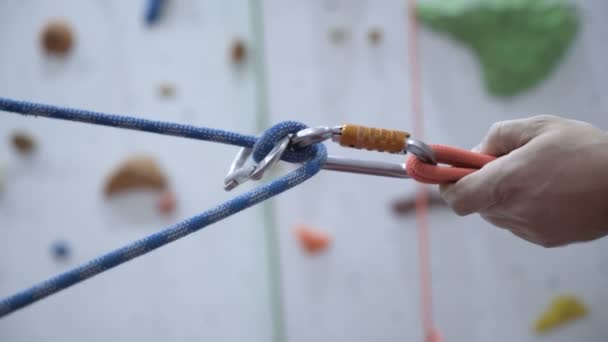 Climber setting rope, belay line with karabiner for indoors climbing session on artificial wall - Footage, Video