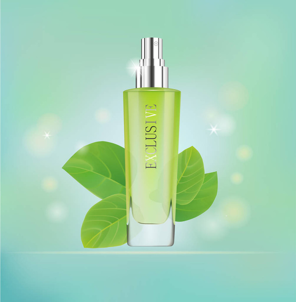 Cosmetic advertisement. Green cosmetic spray tube and leaves. - Vector, Image