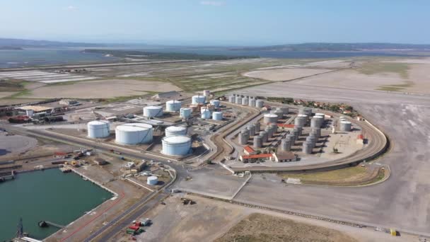 aerial large view of stockage tankers silos gas petrol storing bulk materials port la nouvelle industrial harbor france aude - Footage, Video