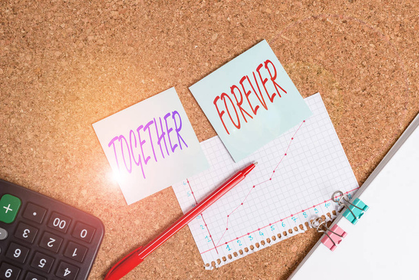 Writing note showing Together Forever. Business concept for showing who promise to love one another for eternity Desk notebook paper office paperboard study supplies chart - Photo, Image