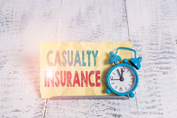 Word writing text Casualty Insurance. Business photo showcasing overage against loss of property or other liabilities Mini blue alarm clock stand tilted above buffer wire in front of notepaper - Photo, Image