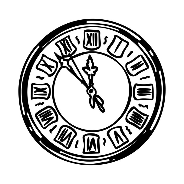Horloge murale design vintage. Vieille horloge avec chiffres romains sur un fond blanc. Les grandes lignes. Logo, dessin. Graphiques linéaires
. - Vecteur, image