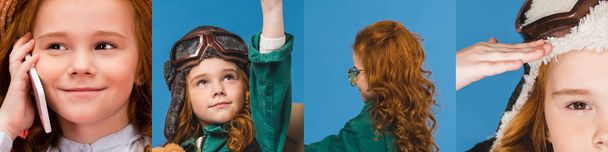 collage rudowłose dziecko w stroju pilota mówi na smartfonie i pozowanie izolowane na niebiesko - Zdjęcie, obraz