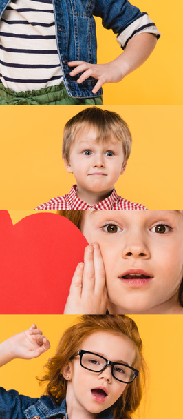 collage van kinderen grimmig en tonen verschillende emoties geïsoleerd op geel - Foto, afbeelding