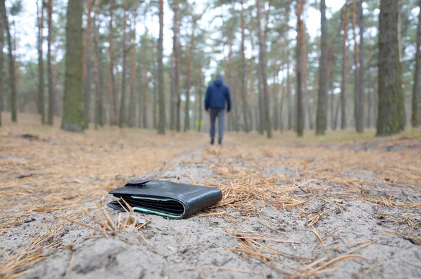 Mladík ztratí peněženku s eurobankovkami na ruské dřevěné stezce na podzim. Koncept neopatrnosti a ztráty peněženky - Fotografie, Obrázek
