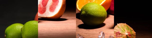 collage of fresh grapefruit, orange, limes and umbrella pick - Fotoğraf, Görsel