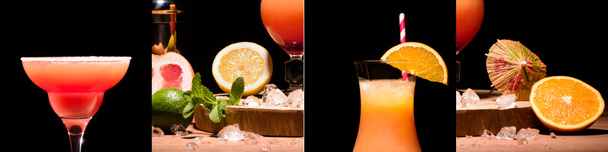 Collage aus Alkoholcocktails in der Nähe von Minzblättern, Orangen, Limetten und Zitronen isoliert auf Schwarz  - Foto, Bild
