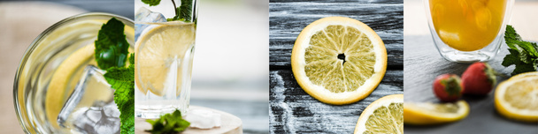 collage de limones, fresas y hojas de menta fresca cerca de cócteles
  - Foto, Imagen