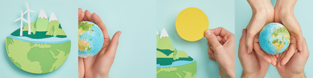 collage van man en vrouw met wereldbol, papier gesneden met aarde geïsoleerd op blauw, milieu concept  - Foto, afbeelding