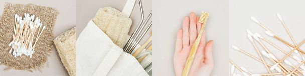 collage of man holding wooden toothbrush, towel with metallic straws and clean cotton swabs, eco friendly concept  - Photo, Image