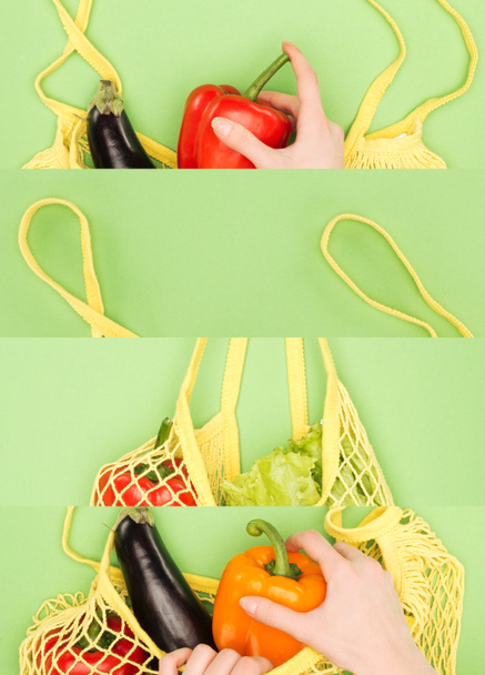 collage of woman near reusable string bag with vegetables isolated on green, eco friendly concept  - Photo, Image