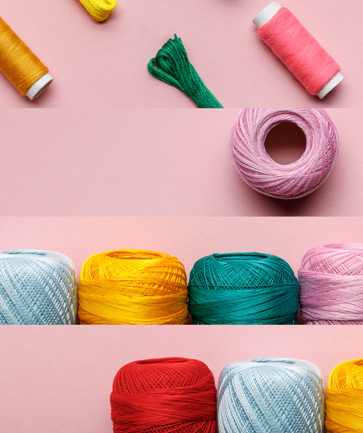 collage de carretes de hilo de algodón de colores aislados en rosa, concepto de costura
 - Foto, imagen