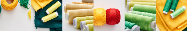 collage van kleurrijke katoenen draadspoelen en stof, naaiconcept - Foto, afbeelding