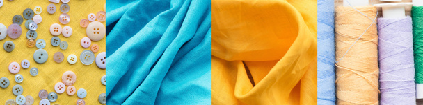 collage de coloridos carretes de hilo de algodón y tela, concepto de costura
 - Foto, imagen