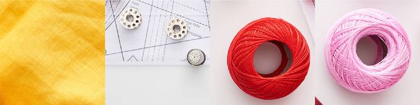 collage de bobines de fil de coton coloré et tissu, concept de couture
 - Photo, image