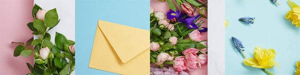 Collage aus blühenden und frischen Blumen in der Nähe des Briefumschlags  - Foto, Bild