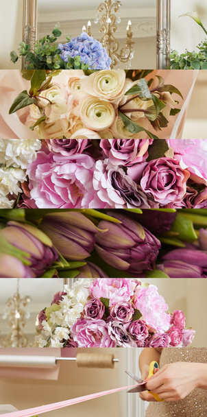 kolaż niebieski, fioletowy, różowe kwiaty i kobieta cięcia wstążki z nożyczkami  - Zdjęcie, obraz