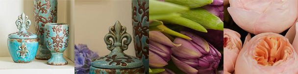 Collage aus Vintage-Keramik und blühenden Blumen  - Foto, Bild