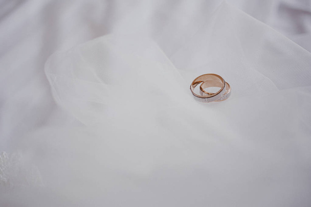 Házasság. Arany jegygyűrűk fehér fátylon. Közelkép. Helyet a szövegnek. Felülnézet - Fotó, kép