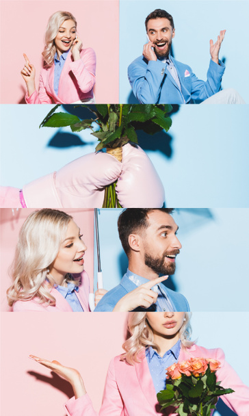 collage of happy woman and man talking on smartphones, holding roses and gesturing on blue and pink  - Photo, Image