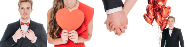 koláž pohledného muže, ženy s červeným srdcem, páry držící se za ruce a muže s balónky ve tvaru srdce izolovanými na bílém  - Fotografie, Obrázek