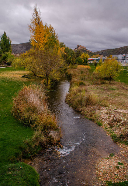 un río que corre a través de un prado para llegar al pueblo
 - Foto, imagen