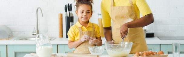 panoramic shot of african american mother holding whisk near bowl and cute daughter  - 写真・画像