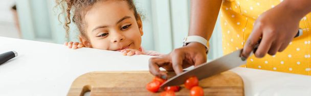 panoramic shot of african american woman cutting cherry tomatoes on cutting board near happy daughter  - Foto, Imagen