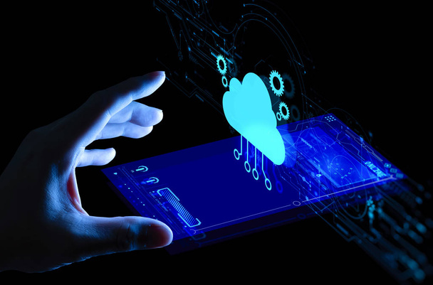 Icono de empuje manual Ui of Cloud Computing Technology Concepto de red de almacenamiento de Internet con teléfono inteligente
. - Foto, imagen
