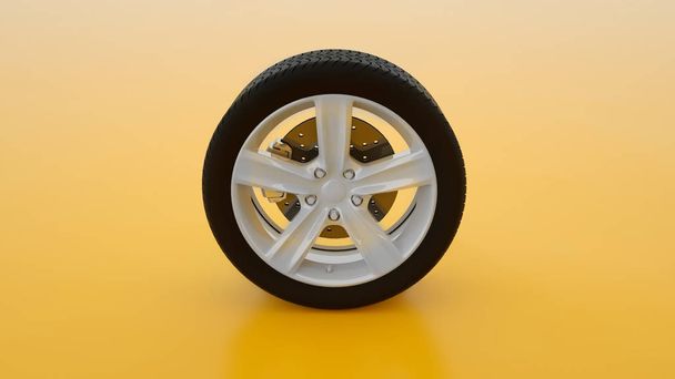 黄色の背景に隔離された車の車輪。合金ホイールタイヤオート。ミニマリストのクリエイティブコンセプト。3Dイラスト - 写真・画像