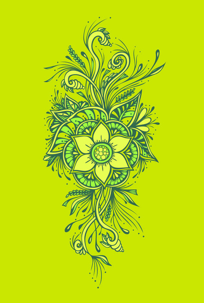 Floral decorative bouquet  with flowers leaves in green  for tattoo and  for decoration different things or for embroidery  - Vector, Image