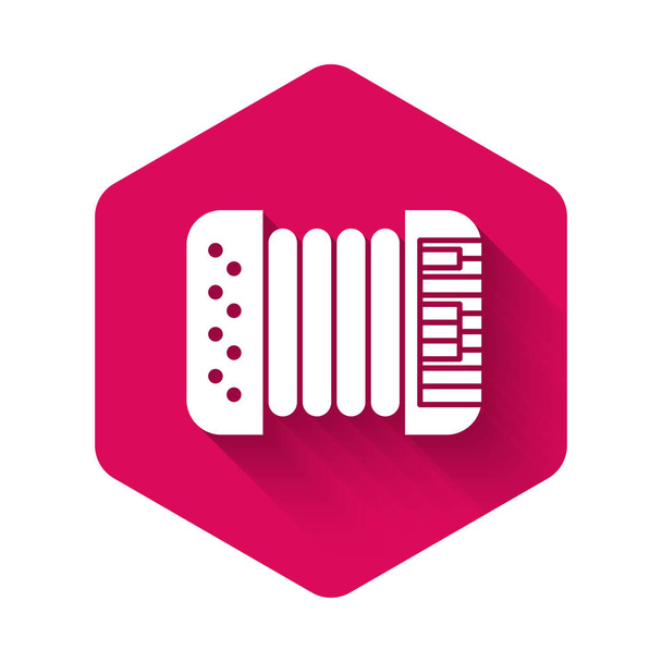 White Musical instrument accordion icon isolated with long shadow. Classical bayan, harmonic. Pink hexagon button. Vector Illustration - Vector, Image