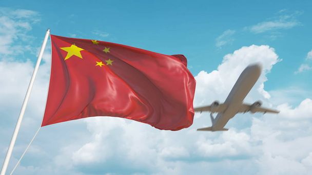 Samolot zbliża się do chińskiej flagi. Turystyka w Chinach. 3d renderowanie - Zdjęcie, obraz