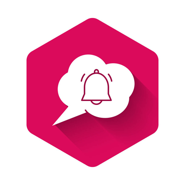 White Speech bubble with chat notification icon isolated with long shadow. New message, dialog, chat, social network notification. Pink hexagon button. Vector Illustration - ベクター画像